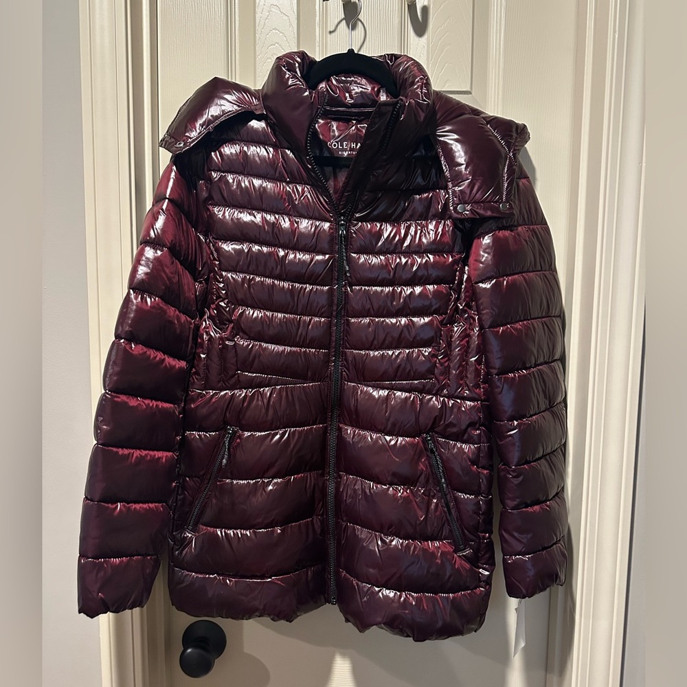Cole Haan Pearlized Hooded Puffer Down Jacket with Removable Hood
